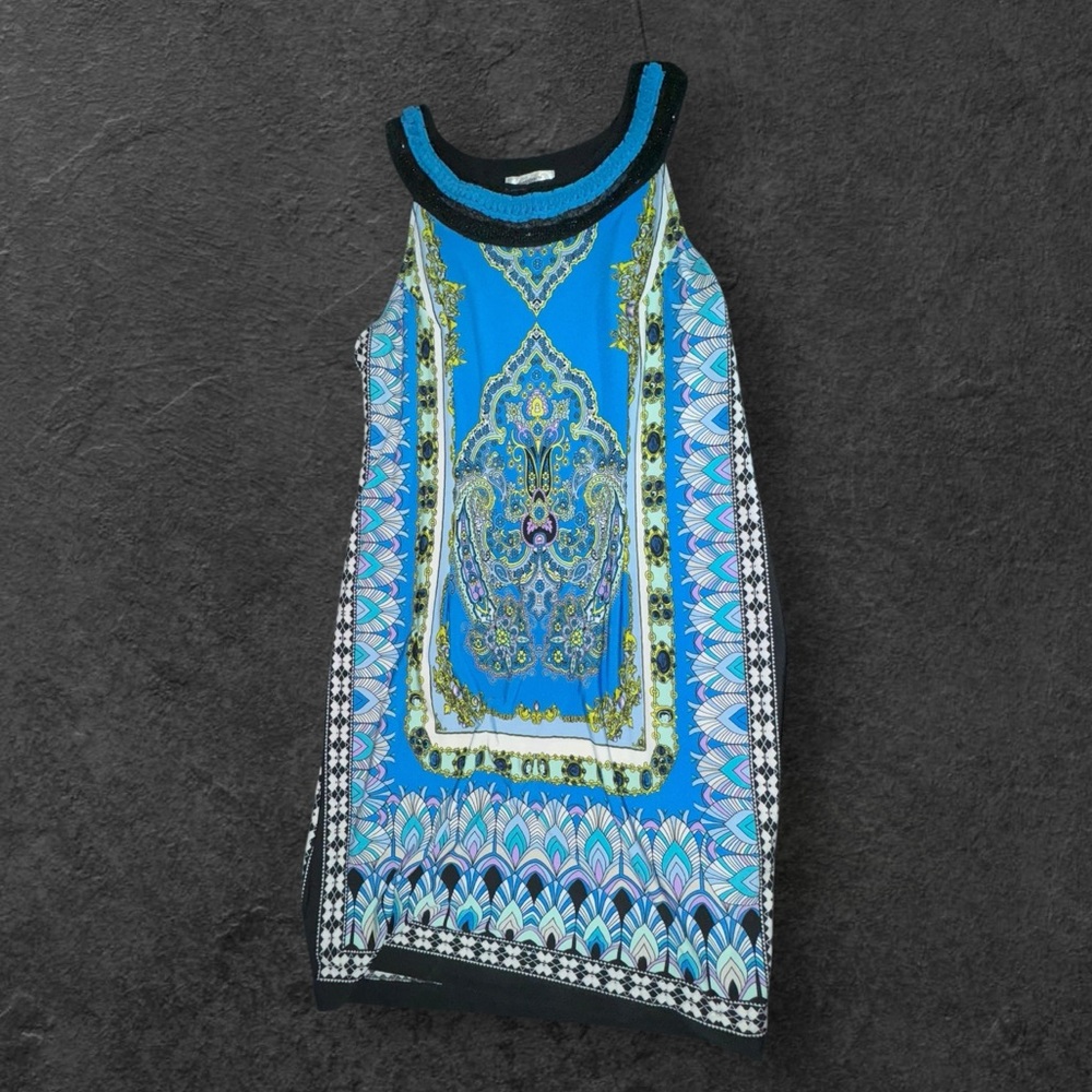 Dress Barn Blue Printed Midi Dress with Black Trim